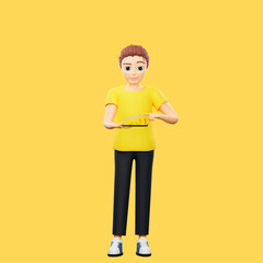 Raster illustration of man holding a coin holder. Young guy in a yellow tshirt analyzes data, infographics, charts, growth, profit, database. 3d rendering artwork for business and advertising