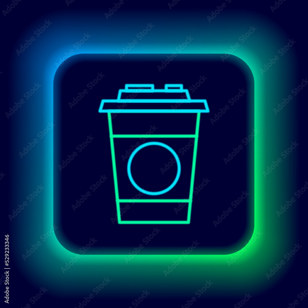 Sticker Glowing neon line Paper glass icon isolated on black background. Soda drink glass. Fresh cold beverage symbol. Colorful outline concept. Vector