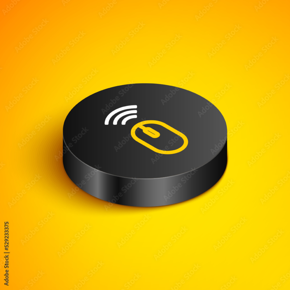 Poster isometric line wireless computer mouse system icon isolated on yellow background. internet of things