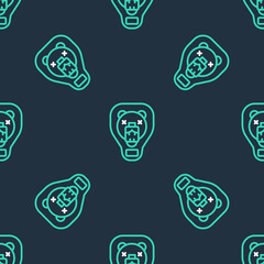 Line Bear head on shield icon isolated seamless pattern on black background. Hunting trophy on wall. Vector