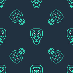 Line Bear head on shield icon isolated seamless pattern on black background. Hunting trophy on wall. Vector