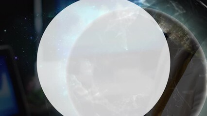 Animation of data processing and globe over african american businesswoman with face mask - Powered by Adobe