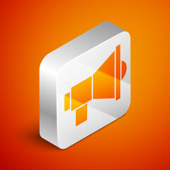 Isometric Megaphone icon isolated on orange background. Speaker sign. Silver square button. Vector