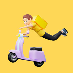 Raster illustration of man with backpack riding a scooter with arms and legs up. Young guy in a yellow tshirt rides a motorcycle, fly, delivery, transport, speed, traffic rules. 3d render artwork