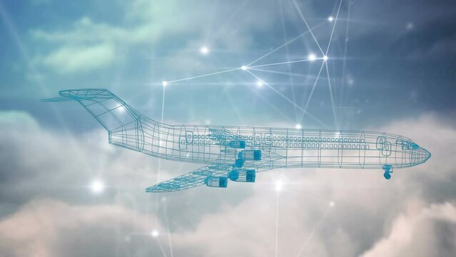 Animation of network of connections over plane and clouds