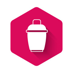 White Cocktail shaker icon isolated with long shadow background. Pink hexagon button. Vector