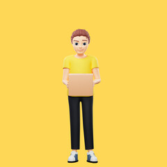 Raster illustration of man carries a box in his hands. Young guy in a yellow tshirt works as a loader, delivers parcels, presentation, delivery, purchase, order, serving. 3d rendering artwork