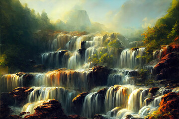 Wild landscape with creeks and waterfall and mountains. Stream flow through forest. Digital illustration