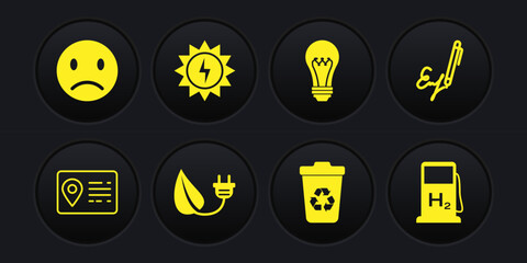 Set Address book, Signature, Electric saving plug in leaf, Recycle bin with recycle, Light bulb, Solar energy panel, Hydrogen filling station and Sad smile icon. Vector
