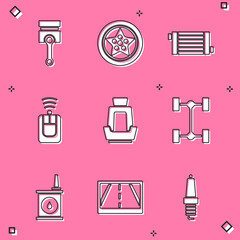 Set Engine piston, Car wheel, radiator cooling system, key with remote, seat, Chassis car, Canister for motor oil and Gps device map icon. Vector