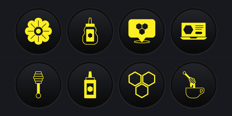 Set Honey dipper stick, online service, Jar of honey, Honeycomb, bee location, with and Flower icon. Vector