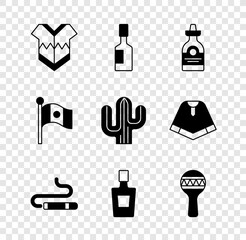 Set Poncho, Tabasco sauce, Tequila bottle, Cigar, Maracas, Mexico flag and Cactus icon. Vector