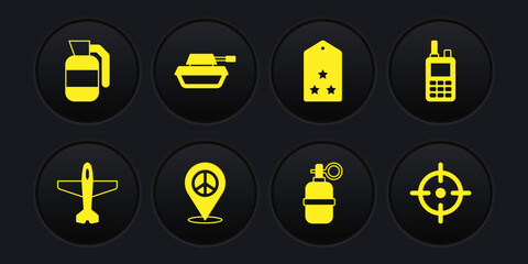 Set Plane, Walkie talkie, Location peace, Hand grenade, Military rank, tank, Target sport and icon. Vector