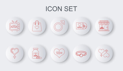 Set line Male and female heart, Female gender, symbol, Silicone ball gag, Sex tv old television, Shopping bag with, Bottle pills for potency and 18 plus content icon. Vector