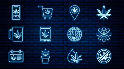 Set line Stop marijuana, Test tube with, Location and, Marijuana or cannabis seeds, Cup tea, Online buying, Legalize and Shopping cart icon. Vector