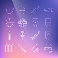 Set line Military helmet, Chevron, Bullet, Radar with targets, and reward medal icon. Vector