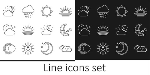 Set line Cloud, Moon icon, Sun, Sunset, with moon and stars, and rain icon. Vector