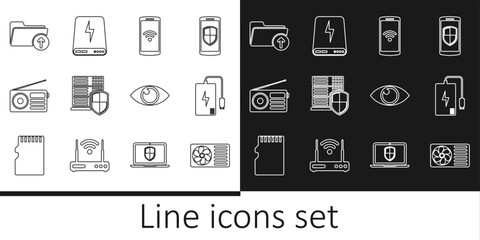 Set line Air conditioner, Power bank, Smartphone with wireless, Server shield, Radio, Download arrow folder, Eye and icon. Vector