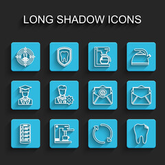 Set line Smartphone with contacts, Coffee machine and cup, Head hunting, Refresh, Broken tooth, Profile settings, Mail e-mail and icon. Vector