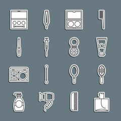 Set line Perfume, Hairbrush, Lotion cosmetic tube, Makeup powder with mirror, Syringe, Nail file, Eye shadow palette and icon. Vector