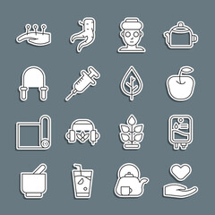 Set line Heart in hand, IV bag, Apple, Facial cosmetic mask, Syringe, Jump rope, Acupuncture therapy and Leaf icon. Vector