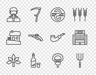 Obraz premium Set line Chestnut leaf, Garden pitchfork, Ukrainian hryvnia, Vodka with pepper and glass, cossack, Vintage pistols, Dumplings on and Hotel Ukraina building icon. Vector