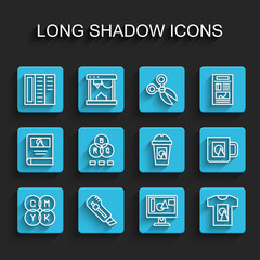 Set line CMYK color mixing, Stationery knife, Brochure, Computer monitor screen, T-shirt, RGB, Coffee cup and go icon. Vector
