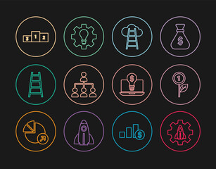 Set line Startup project concept, Dollar plant, Stair with finish flag, Hierarchy organogram chart, Business podium, Light bulb dollar laptop and and gear icon. Vector