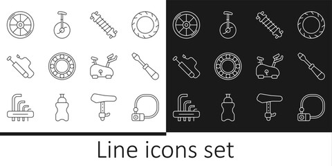 Set line Bicycle lock, Screwdriver, suspension, ball bearing, air pump, wheel, Stationary bicycle and Unicycle or one icon. Vector © vector_v