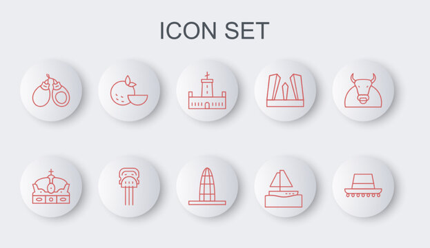 Set line Spanish hat, Crown of spain, Montjuic castle, Yacht sailboat, Castanets, Orange fruit, Peineta and Agbar tower icon. Vector