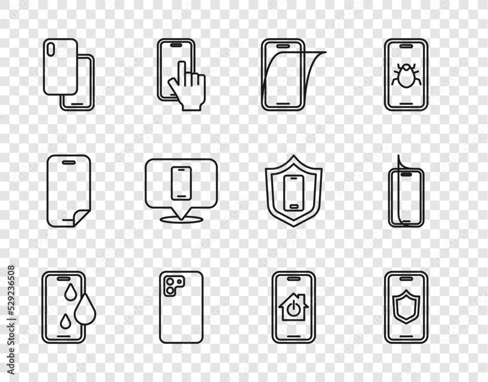 Sticker Set line Waterproof phone, Mobile with shield, Glass screen protector, Smartphone, Phone repair service, smart home and icon. Vector