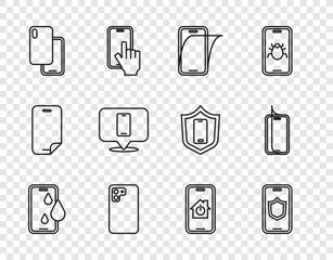 Set line Waterproof phone, Mobile with shield, Glass screen protector, Smartphone, Phone repair service, smart home and icon. Vector