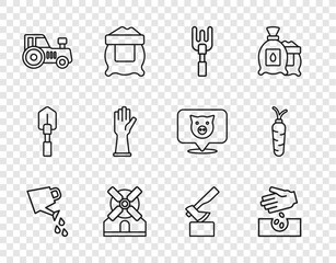 Set line Watering can, Seeds, Garden rake, Windmill, Tractor, Rubber gloves, Wooden axe and Carrot icon. Vector