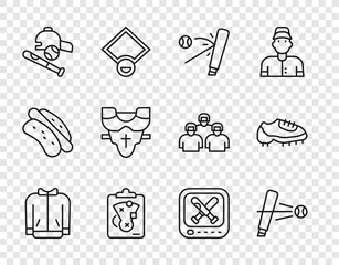Set line Baseball t-shirt, bat with, Planning strategy, ball, hat, Player chest protector, Monitor baseball game and boot icon. Vector