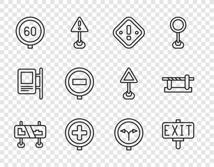 Set line Road traffic sign, Fire exit, Exclamation mark in triangle, Hospital road, Speed limit, Stop, Fork the and Parking car barrier icon. Vector