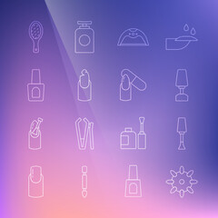Set line False nails, Nail polish, Milling cutter for manicure, Manicure lamp, Broken, Bottle of, file and icon. Vector
