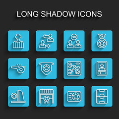 Set line Football goal with ball, or soccer referee, Soccer football, field, flag pennant, card and Championship tournament bracket icon. Vector