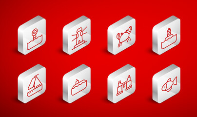 Set line Fish, Lighthouse, Crab, Floating buoy, Binoculars, Periscope, Submarine and Yacht sailboat icon. Vector