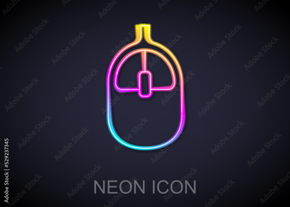 Sticker Glowing neon line Computer mouse icon isolated on black background. Optical with wheel symbol. Vector