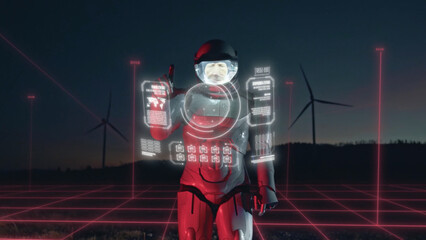 Red lighted robot engineer on windmill farm checking the work process looking hologram 3D picture. Future technology innovation. Workflow automation. Human lifestyle. Ecology protection. Nature energy