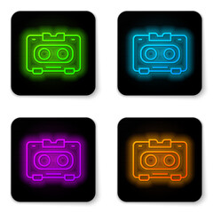 Glowing neon line Retro audio cassette tape icon isolated on white background. Black square button. Vector