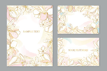Naklejka premium Set of vector postcards with golden magnolias on a watercolor background.