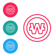 Red line South Korean won coin icon isolated on white background. South Korea currency business, payment and finance. Set icons in circle buttons. Vector