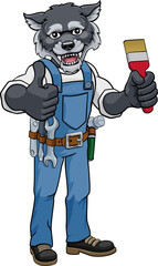 A wolf painter decorator cartoon animal mascot holding a paintbrush and giving a thumbs up