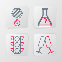 Set line Glasses of champagne, Traffic light, Test tube and flask and Industrial hook icon. Vector
