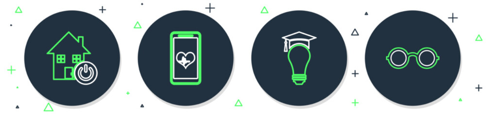 Set line Mobile with wi-fi wireless, Light bulb and graduation cap, Smart home and Glasses icon. Vector