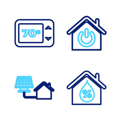 Set line House humidity, with solar panel, Smart home and Thermostat icon. Vector