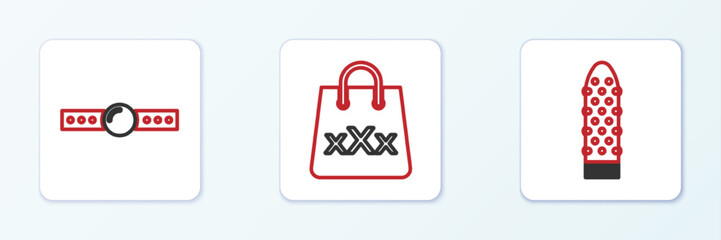 Set line Dildo vibrator, Silicone ball gag and Shopping bag with triple X icon. Vector