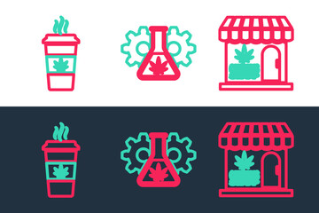 Set line Marijuana and cannabis store, Cup coffee with marijuana and Test tube icon. Vector