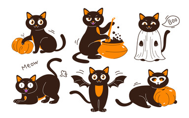 Halloween cats. Black cats with a pumpkin, in costumes and with a potion. Flat vector illustration